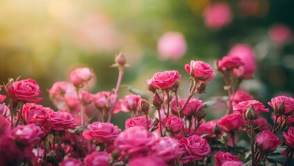 Obraz premium Detailed close-up of numerous tiny pink blossoms with rose heads against a softly blurred garden backdrop, perfect for a greeting card with text space.