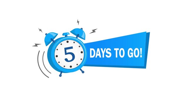 Animated blue alarm clock with five days to go banner