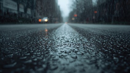 Close-up view of intense rainfall on street with blurred bokeh effect