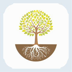 Illustration of a stylized tree with roots, foliage, and branches, for nature-related themes