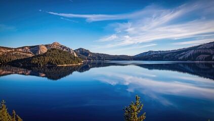 Beautiful day at a volcanic lake, clear skies mirrored on the water, gentle wind creating ripples.