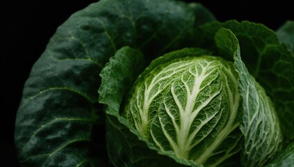 Obraz premium Close-up of leafy green cabbage texture against dark backdrop illuminated by natural light