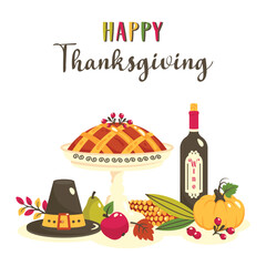 Thanksgiving food. Thanksgiving kitchen art. Festive food, autumn harvest. Traditional American pumpkins pie, wine, hat, corn,  fruits. Thanksgiving dessert. Vector flat illustration