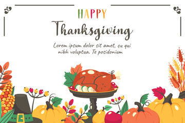 Thanksgiving banner. Holiday background with turkey, thanksgiving hat, harvest, wheat, corns. Thanksgiving invite template. Vector flat illustration for celebration, sale, advertising