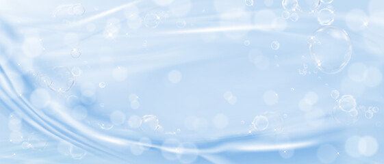 Water background with floating molecules, cosmetic foam, and glossy texture in 3D light.Vector background for spa, education, beauty, medicine, skincare, laboratory visuals, and chemistry concepts