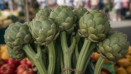 Fototapeta premium Newly picked artichokes at a local market stall