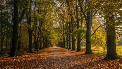 Fototapeta premium A tree-lined path covered with golden autumn leaves, sunlight filtering through the vibrant green and yellow foliage.