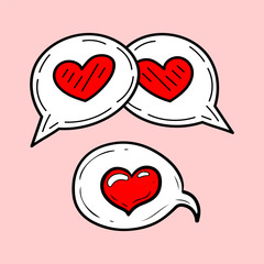 Valentine Day speech bubble with hearts. Hand drawn flat vector. Love message. Romantic holiday. Celebration card. Doodle illustration.