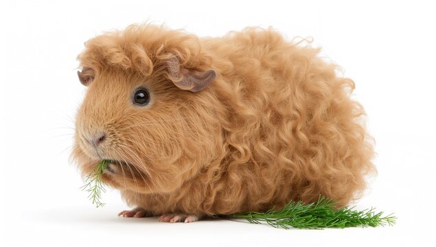 Lunkarya breed curly-haired guinea pig nibbling on dill in a studio setting with white backdrop.