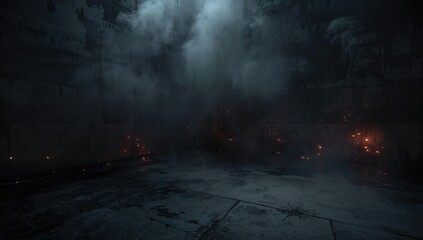 An interior space featuring a concrete floor, with smoke and fiery sparks illuminating dark walls.