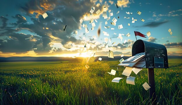 Open Mailbox on field, papers flying out, sunset background. Ideal for business