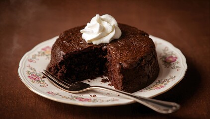 Close-up of a sliced chocolate dessert on a dish with a fork and cocoa powder in the backdrop