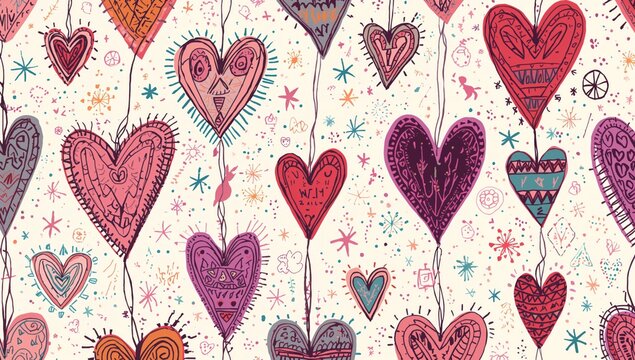 Seamless pattern featuring sketched hearts and stars with an enchanting boho sacred love and peace Valentine motif