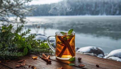 Steaming tea garnished with cinnamon sticks and fresh mint leaves