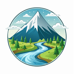 Illustrative scenery of a majestic mountain with a flowing river, trees, and clouds