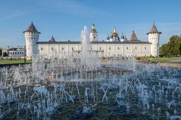 City fountain on the background of the Tobolsk Kremlin on a sunny August morning. Tobolsk, Russia