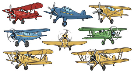 Vintage Biplanes and Airplanes Vector Illustration Set © Avra