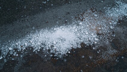 Chunks of hail gather on the ground following an intense and abrupt storm.