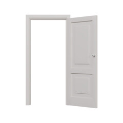 Naklejka premium A white, open two-panel interior door and frame on a transparent background, shot from a straight, eye-level front view with a slight angle. 