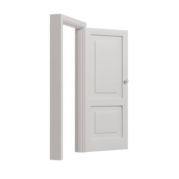 Partially open, white two-panel door and frame on a transparent background, shot from a side perspective at a slightly low angle.
