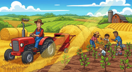 Idyllic rural farming landscape with a farmer on a tractor and a family tending crops under a sunny sky cartoon illustration © Avra