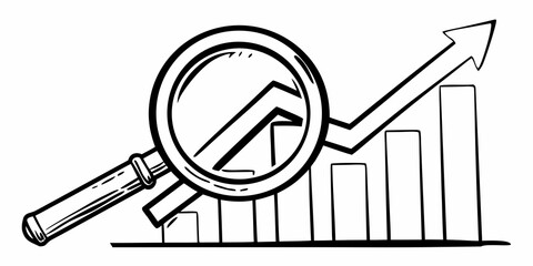 Magnifying glass focusing on an upward trend graph showing growth and business analysis in black and white