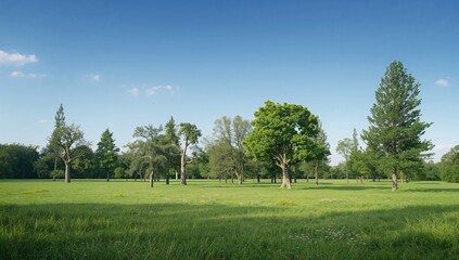 Fototapeta premium Open grassy meadow bordered by diverse trees far away