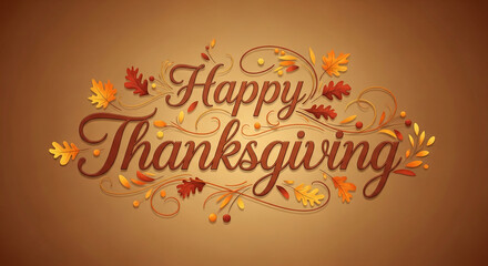 Brown stylized "Happy Thanksgiving" text decorated with autumn leaves and swirls on a brown background Free space for text or logo Festive autumnal design perfect for Thanksgiving greeting