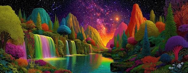 Psychedelic vivid dreamscape, hyperreal fantasy nature scene
