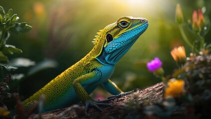 Fototapeta premium Tiny reptile enjoys sunlight with vibrant natural backdrop