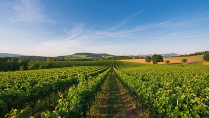 Naklejka premium Rural grape plantation with fresh green vines arranged in rows