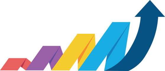 colorful geometric upward growth arrow chart with progressive ribbon bars showing business success and financial increase trend isolated on white background.