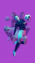 Graphic composition. Female soccer player jumping to kick ball with motion trail on purple background. Concept of empowerment, dynamic sports expression for design, editorial, and ads visuals.