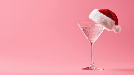 A Festive Martini adorned with a Santa Hat set against a cheerful pink background