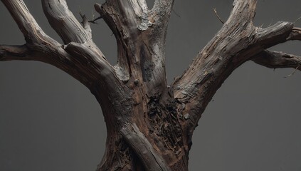 Lifeless tree destroyed by emerald ash borer infestation. Larval tunnels visible beneath the bark.