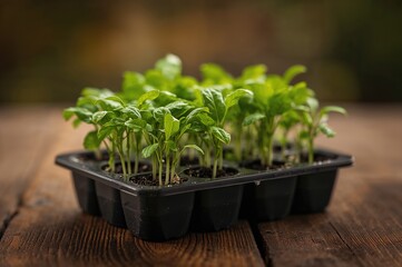 Naklejka premium Homegrown eggplant sprouts in a plastic seedling tray placed on a wooden surface.