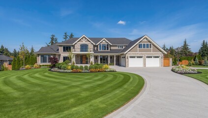 Spacious bespoke luxury residence featuring a beautifully designed front garden and a driveway leading to the garage in a suburban area. Vertical orientation.