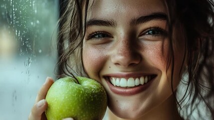 A woman holds a green apple in front of a window, possibly considering its significance - Powered by Adobe