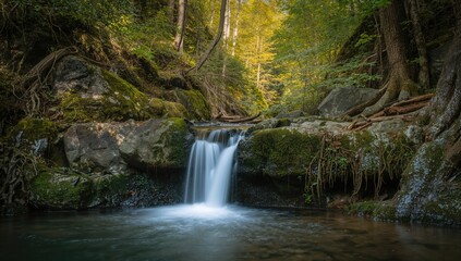 A gentle cascade tumbling down stones and tree roots amidst vibrant greenery in a dense woodland.