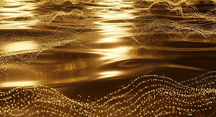 Golden liquid surface with shimmering particles and wavy reflections