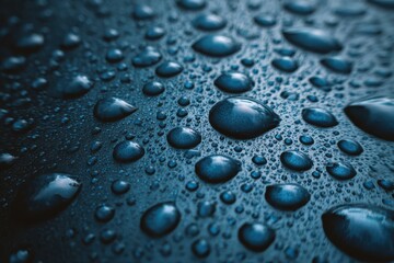 Glittering water droplets on dark surface, reflecting light with a mysterious deep blue background, evoking freshness and clarity for serene lifestyle and nature-themed projects