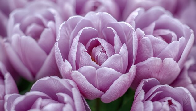 Detailed view of purple tulips up close. Macro capture showcasing a backdrop of beautiful double tulip blossoms. Tulipa genus. Family Liliaceae.