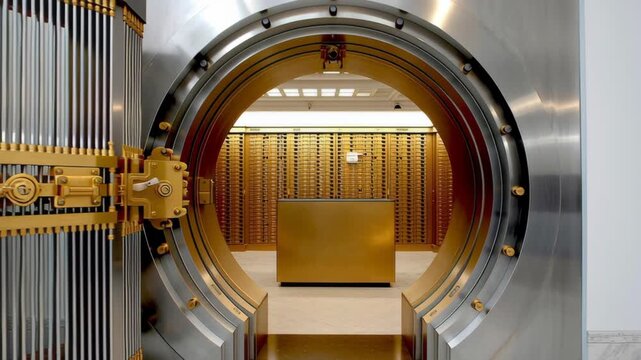 Vault door swings open revealing a secure bank interior with rows of safety deposit boxes, showcasing the transition from exterior to interior, camera zooms in on the golden details