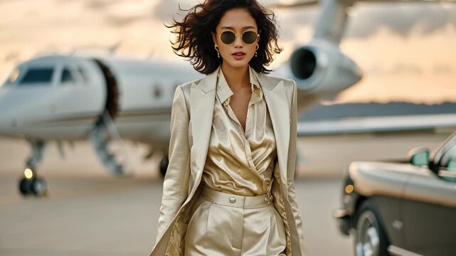 Stylish woman in luxury suit strides confidently by private jet at sunset with windblown hair, fashion, businesswoman and business concept
