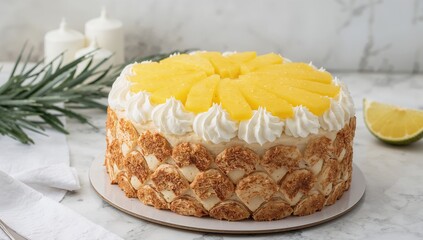 Bakery shop and school backdrop featuring French millefeuille with white cream and pineapple topping on a white table with ample space
