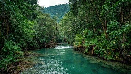 Naklejka premium A stunning jungle river winding through dense, vivid greenery forms a breathtaking natural sanctuary. An ideal getaway for explorers. Tropical woodland scenery.