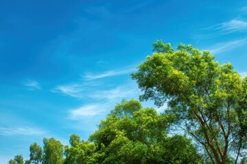 Obraz premium Lush green trees under a bright blue sky with fluffy clouds, evoking a serene ambiance and connection to nature, perfect for wellness and relaxation themes