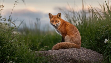 Red fox (Vulpes vulpes) resting on a large stone at dusk