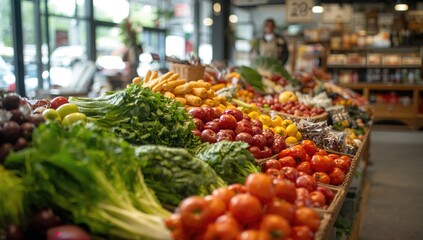 Obraz premium Out-of-focus backdrop featuring fresh fruits and groceries in a well-lit, welcoming shop environment. Softly blurred image.
