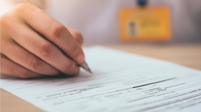 Handwriting On A Document With A Pen. Document Completion And Personal Identification